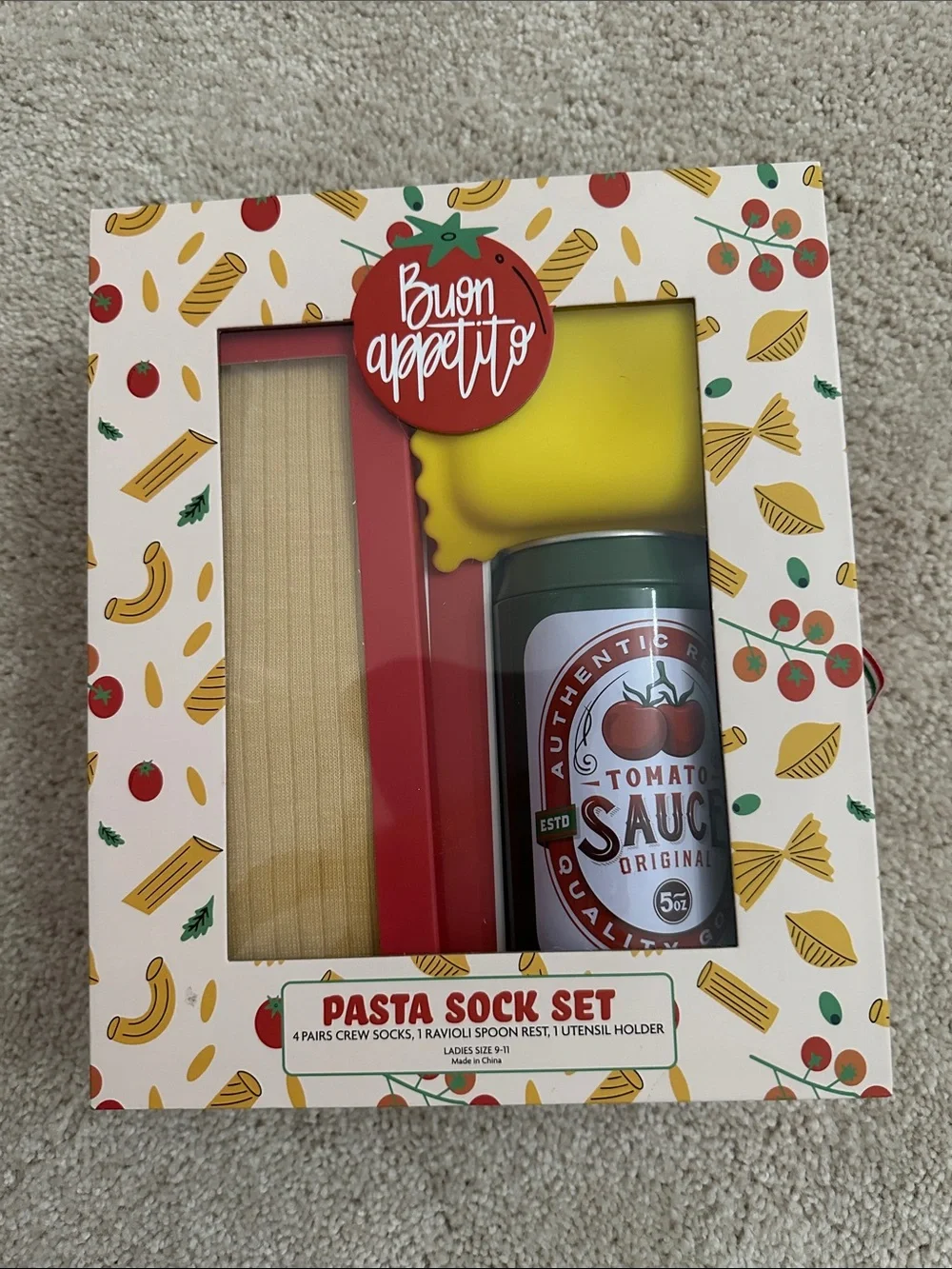 Pasta Sock Set — Yellow & Red Crew Socks with Novelty Utensil Accessories
